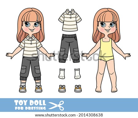 Cartoon girl with long straight hair in underwear, dressed and clothes separately - collared T-shirt, elasticated breeches and sneakers doll for dressing