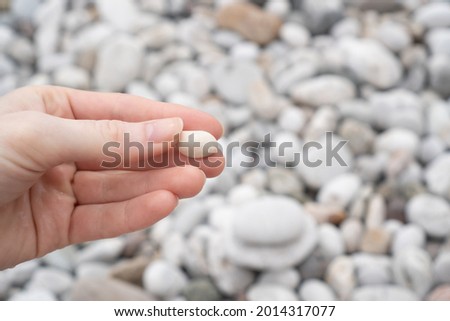 White pebbles stones background. Hand holding white pebbles. White stones on the beach