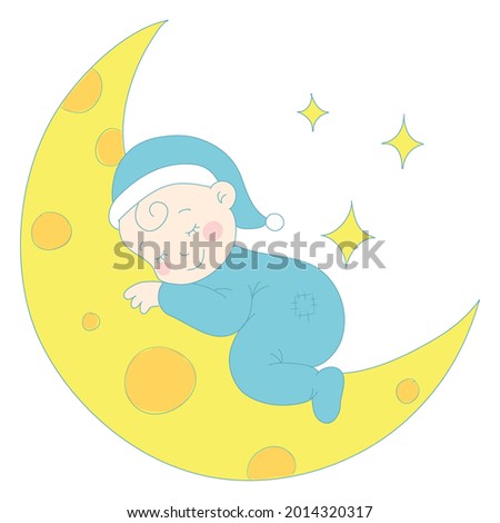 Cute baby is sleeping in moon of card design. Vector graphic illustration. Individually on a white background.