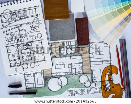 Concept of  home renovation with architecture /interior drawing and material sample