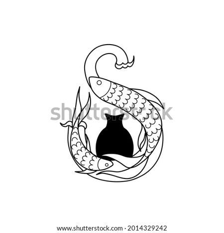 A wave of the sea and two fish swim near the treasure jug. Black white flat isolated vector illustration. Natural laconic design. Concept, logo, icon, template, print, card, poster.