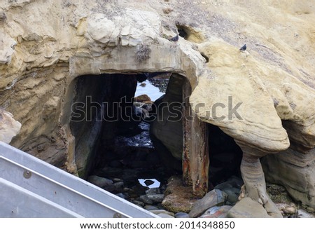 Inside view of the caves with stair access in La Jolla Cove in California. 