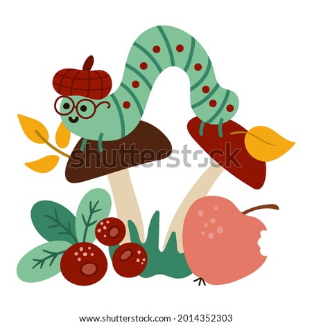 Cute caterpillar in hat and glasses on mushroom. Vector autumn scene with cute insect. Fall season woodland scenery for print, sticker, postcard. Funny forest illustration.
