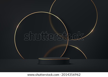 3D abstract studio room with pedestal podium. black geometric platform with black and golden layers circles backdrop. Luxury scene for demonstration of cosmetic products, Showcase, Promotion display. Royalty-Free Stock Photo #2014356962