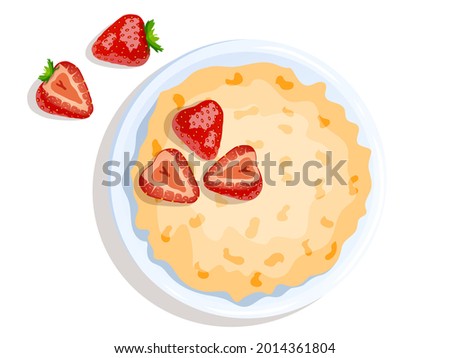 Bowl with oat porridge and strawberries. Breakfast, healthy food, dieting concept. Isolated vector illustration for flyer, poster, banner.