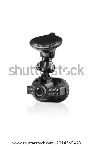 Three-quarter back view of black automobile camera with suction holder on white background with reflection underneath