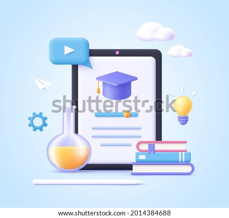 Concept of mobile learning, e-learning and online courses application. Education and back to school. 3d realistic vector illustration. Royalty-Free Stock Photo #2014384688
