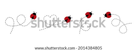 Cute ladybug icon set. Ladybugs flying on dotted route. Cartoon ladybirds with open wings. Vector isolated on white background. Royalty-Free Stock Photo #2014384805