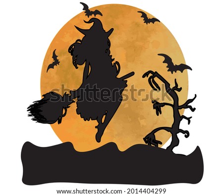 Halloween background. Young witch flying on a broomstick on the background of a full moon above cemetery