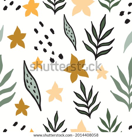 Abstract hand drown tropical seamless pattern with leaves. for wallpapers, textiles, papers, fabrics, web pages. Leaf ornament, vintage style. Vector illustration.
