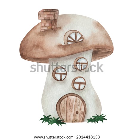 Watercolor illustration hand drawn brown mushroom house with windows and door for dwarf isolated on white. Clip art element in cartoon style for autumn fabric textile, postcards design, posters