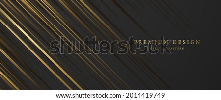 Premium background design with diagonal dynamic gold line pattern on black backdrop. Vector horizontal template for business banner, formal invitation, luxury voucher, prestigious gift certificate Royalty-Free Stock Photo #2014419749