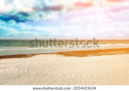 Sea sand sky concept, sunset colors clouds of tropical beach, summer vacation