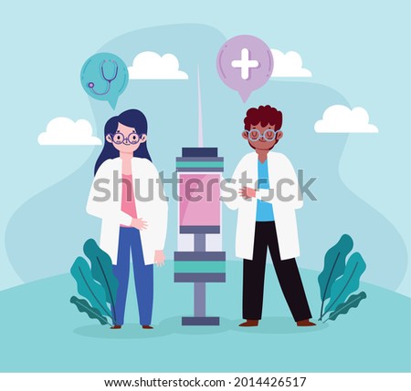 doctors and vaccine syringe cartoon