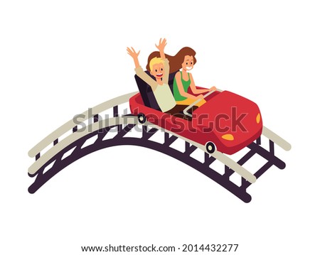 Young couple man and woman enjoying of rollercoaster in amusement park. Fun people ride on fast high roller coaster at weekend. Flat cartoon vector illustration isolated on white Royalty-Free Stock Photo #2014432277