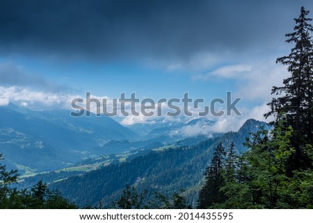 Landscape view of the Swiss Alpes from the Kaiseregg mountain, shot in the Jaun Area, Fribourg, Switzerland