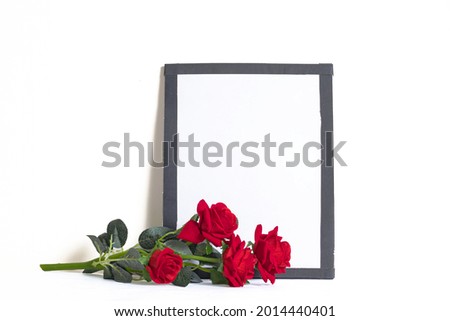 A group of vibrant red roses beside a blank image with copy space on it on a plain white background