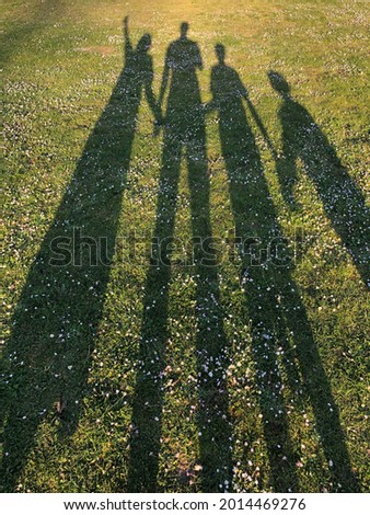Silhouette of a young family holding hands on green grass in the park casted by a long shadow. Concept of happiness and celebrating family live as background