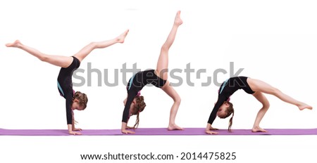 Banner Cute child girl making Gymnastic exercises against white background.