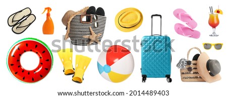 Set with beach ball and other accessories on white background. Banner design Royalty-Free Stock Photo #2014489403