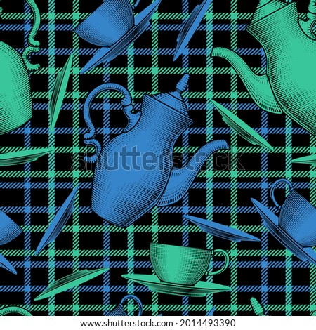 Seamless pattern with cups and coffee pots on a checkered tablecloth.  Vintage color engraving stylized drawing.  Vector illustration