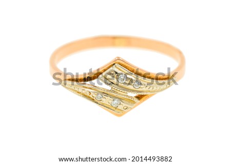 A gold ring with a diamond. The jewelry is isolated on a white background