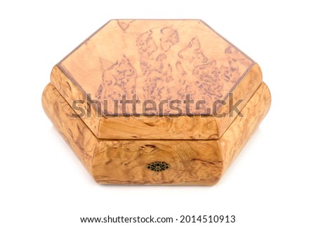 Wooden jewelry box with velvet lining and vintage accessories and Clipping Pathon on white background. used for storing small things, Luxury packaging for anything.