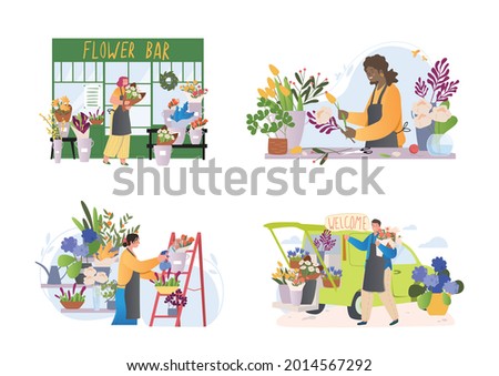 Four different scenes of florists working in shop or nursery arranging bouquets of cut flowers, spraying plants in pots and alongside delivery vehicle. Set of colored flat cartoon vector illustrations Royalty-Free Stock Photo #2014567292