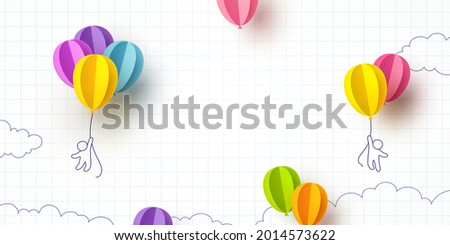 Back to school notebook background. Drawing children and flying colorful paper balloons banner. Vector doodle kids with 3d ballons on empty poster template