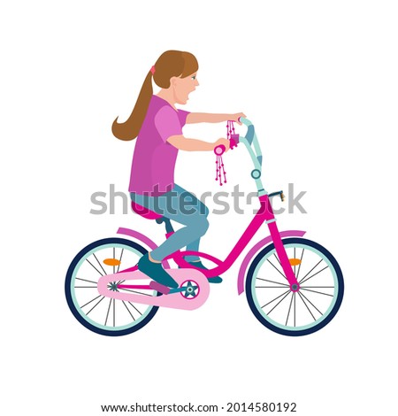 Flat happy kid on bicycle. Child riding colorful bike on white background. Girl kid outdoor bike sport. Vector illustration.