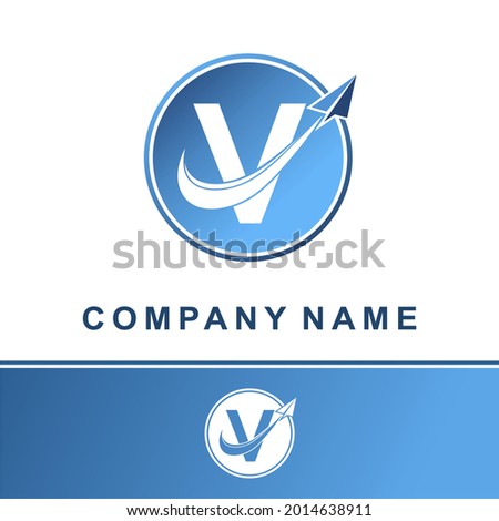 Simple Modern Blue Initial V Letter With Paper Plane Fly for Technology Communication Information Business Delivery Logo Idea Concept