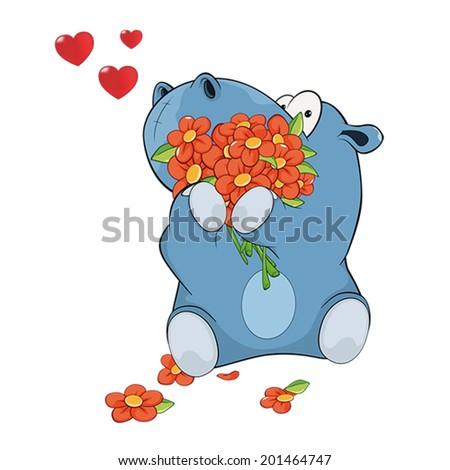 Little hippopotamus and flowers . Cartoon 