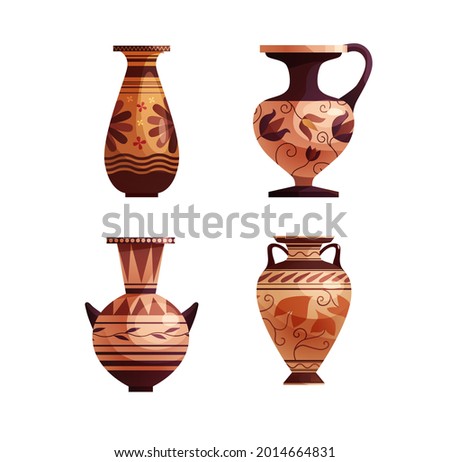 Antique Greek vase with decoration. Ancient traditional clay jar or pot for wine. Vector cartoon illustration. 