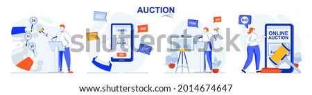 Auction concept set. Selling painting, buyers place bids, buying in online auction. People isolated scenes in flat design. Vector illustration for blogging, website, mobile app, promotional materials. Royalty-Free Stock Photo #2014674647
