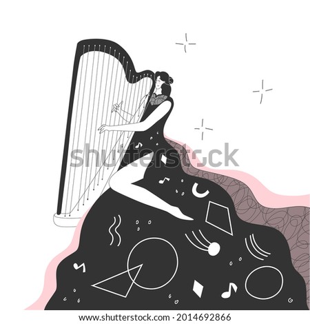 Woman musician plays the harp. String Orchestra, musical instrument, meditation, playing music. Isolated on white background. Vector illustration. Flat style. Abstract elements, cosmos, harmony.
