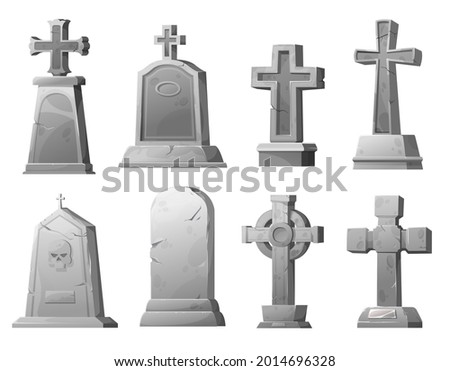 Cartoon stone grave crosses and gravestones, vector cemetery cracked graveyard tombstones. Ancient mausoleum tomb with skull, funereal architecture design elements set isolated on white background Royalty-Free Stock Photo #2014696328