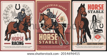 Equestrian sport, horse riding and race on hippodrome vector vintage posters. Professional ride, horse stable. Horseback riding sports grunge retro cards with rider, harness gear and lucky horseshoe Royalty-Free Stock Photo #2014696415