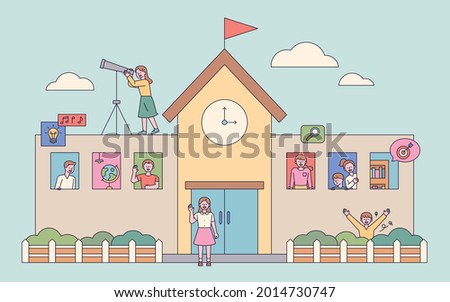school building. Students learning around the window and school. outline simple vector illustration.