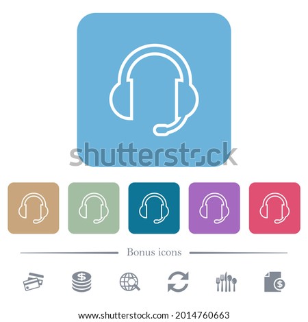 Headset with microphone white flat icons on color rounded square backgrounds. 6 bonus icons included