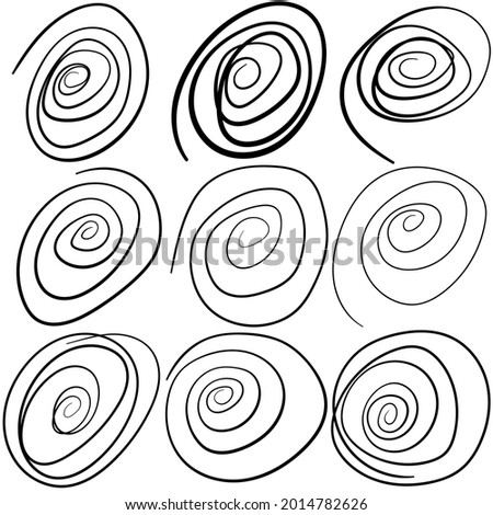 Hand drawn spirals. Vector simple primitive coils. Black swirl set.