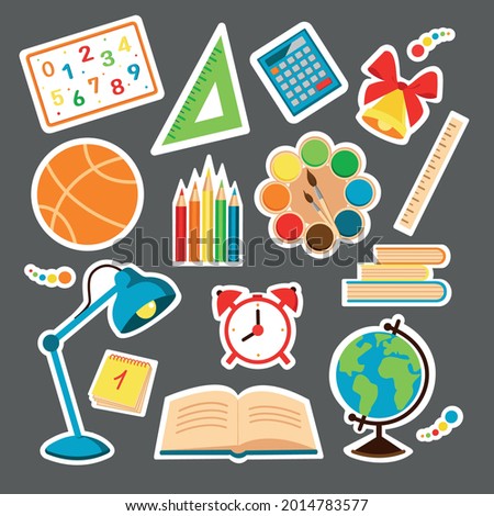 School icon collection,  school stickers collection. School supplies, books. Vector illustration.