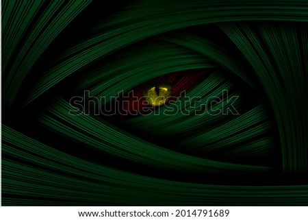 yellow eyes black Panther on motion .Dark green leaf horror background