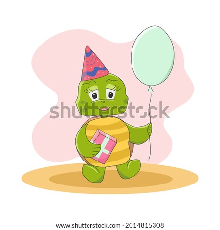 Cute turtle greeting card with balloon and gift box isolated on the background. Happy Birthday. Vector illustration in cartoon style