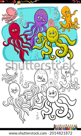 Cartoon illustration of octopus animal comic characters group coloring book page