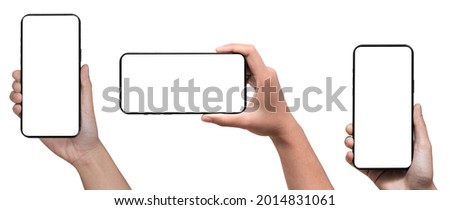 Hand holding Smartphone and isolated on white background for your mobile phone app or web site design, logo Global Business technology - include clipping path. (Businessman hand Phone) Royalty-Free Stock Photo #2014831061