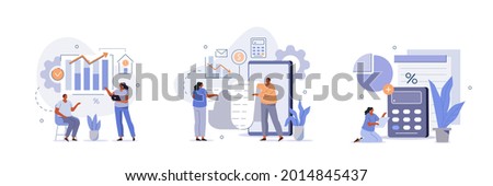 Characters manage finances. People calculating and analyzing personal or corporate budget, managing financial income, consulting with accountant.  Flat cartoon vector illustration and icons set.
 Royalty-Free Stock Photo #2014845437