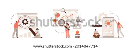 Characters discussing marketing and seo strategy. People analyzing market trends and planning seo optimization. Seo targeting and performance concept. Flat cartoon vector illustration and icons set. Royalty-Free Stock Photo #2014847714