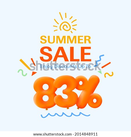 Special summer sale banner 83% discount in form of 3d yellow balloons sun Vector design seasonal shopping promo advertisement illustration 3d numbers for tag offer label Enjoy Discounts Up to 83% off