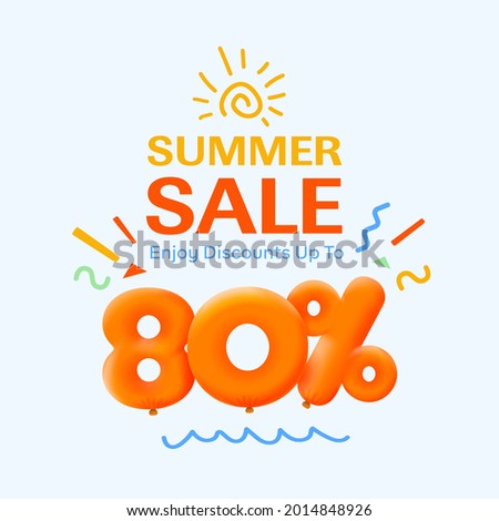 Special summer sale banner 80% discount in form of 3d yellow balloons sun Vector design seasonal shopping promo advertisement illustration 3d numbers for tag offer label Enjoy Discounts Up to 80% off