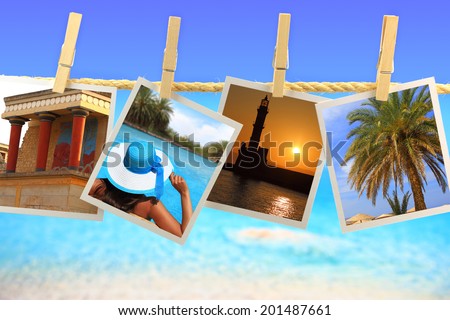Photos of Crete island hanging on a rope in front of the sea